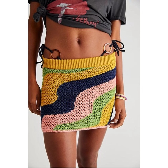 Free People Womens Cotton Wavy Printed Crochet Mini Skirt Multicolor Size M - Picture 2 of 6